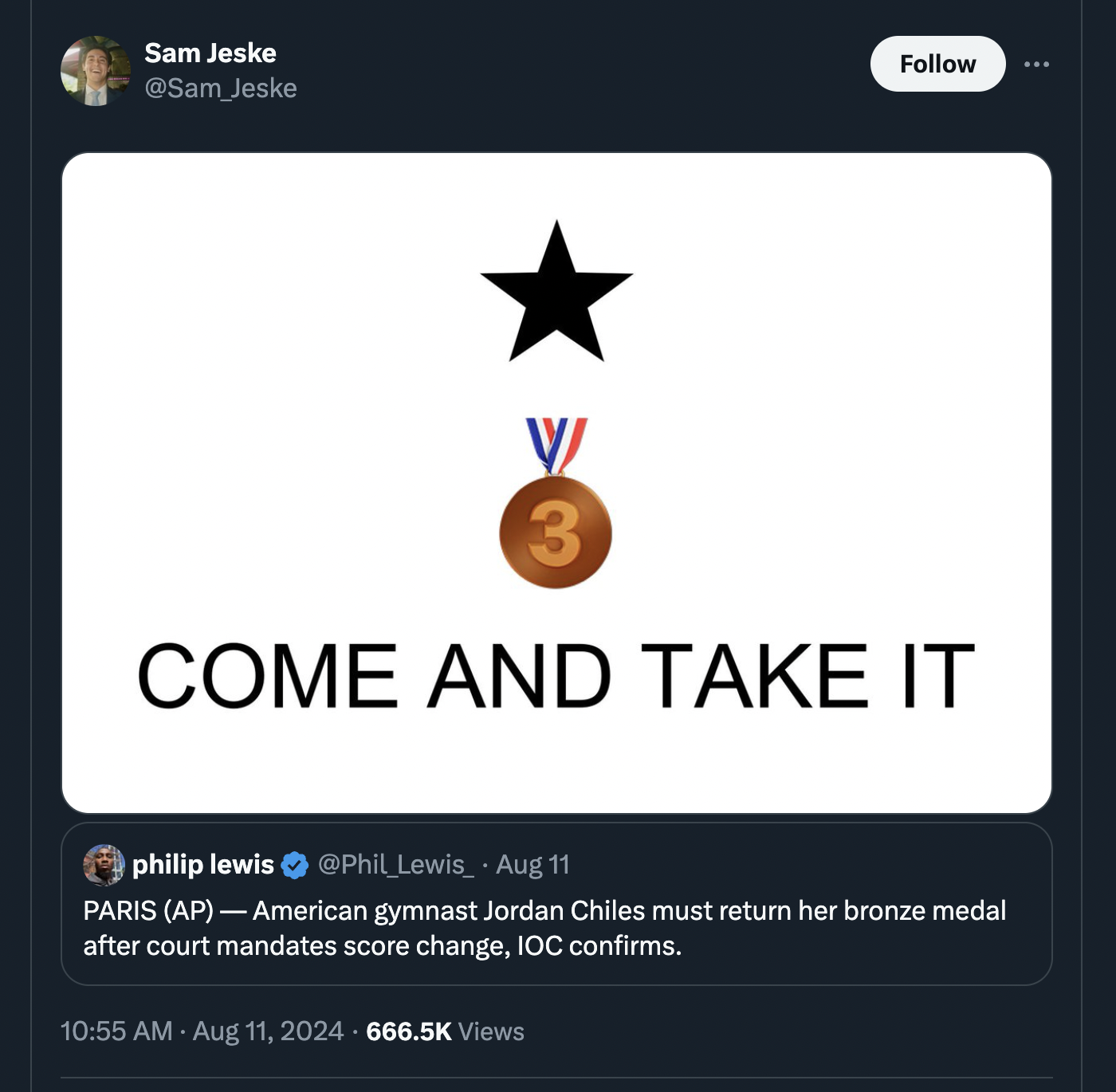 screenshot - Sam Jeske Jeske 3 Come And Take It philip lewis Lewis_ . Aug 11 Paris Ap American gymnast Jordan Chiles must return her bronze medal after court mandates score change, Ioc confirms. Views